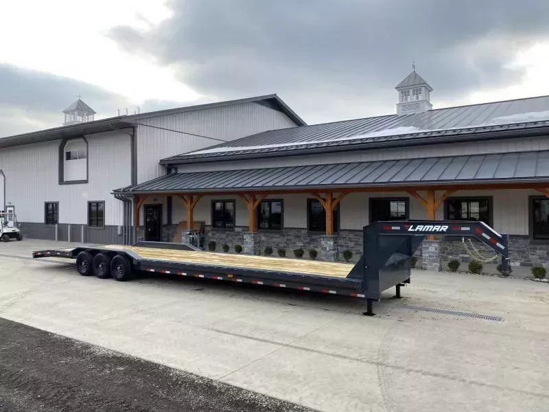 2026 Lamar 102x40' Gooseneck Car Hauler Trailer 21000# GVW * 102" DECK * DRIVE OVER FENDERS * OVERLENGTH 7' SLIDE IN RAMPS * 4' DOVETAIL * RUBRAIL * SWIVEL JACKS * UNDER FRAME BRIDGE * DUAL JACKS * FULL TOOLBOX * CHARCOAL W/ BLACK WHEELS