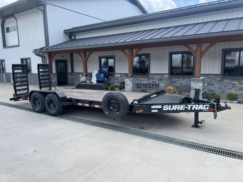 USED 2023 Sure-Trac 7x20' Pro Series I-Beam Equipment Trailer 15400# GVW * I-BEAM FRAME * FULL TOOLBOX W/ LIGHT * 12K 2-SPEED JACK * DELUXE OVERWIDTH 4" CHANNEL RAMPS W/ MESH * HD FENDERS * HD ADJUSTABLE CAST COUPLER * EXTENDED TONGUE