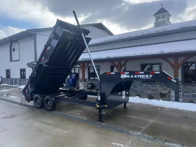 2026 Hillcrest Trailers 7x16' Gooseneck Dump Trailer 17600 GVW * 8000# AXLES * 12-TON TELESCOPIC HOIST * ENGINEERED NECK * I-BEAM FRAME * 7GA FLOOR * DELUXE TARP KIT * HD TOP RAIL * REAR STAB JACKS * 12" O.C. C/M