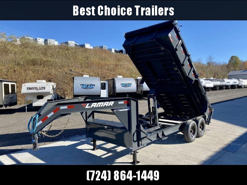 2021 Lamar 7x16' Gooseneck Dump Trailer 14000# GVW * DUAL JACKS * FULL TOOLBOX * OIL BATH * REAR JACKSTANDS * 7GA FLOOR * 14-PLY TIRES * TARP KIT * SCISSOR HOIST * CHARCOAL * RIGID RAILS * NESTLED I-BEAM FRAME 28" H * 3-WAY GATE * 12" O.C. C/M 2021 Lamar 7x16' Gooseneck Dump Trailer 14000# GVW * DUAL JACKS * FULL TOOLBOX * OIL BATH * REAR JACKSTANDS * 7GA FLOOR * 14-PLY TIRES * TARP KIT * SCISSOR HOIST * CHARCOAL * RIGID RAILS * NESTLED I-BEAM FRAME 28" H * 3-WAY GATE * 12" O.C. C/M