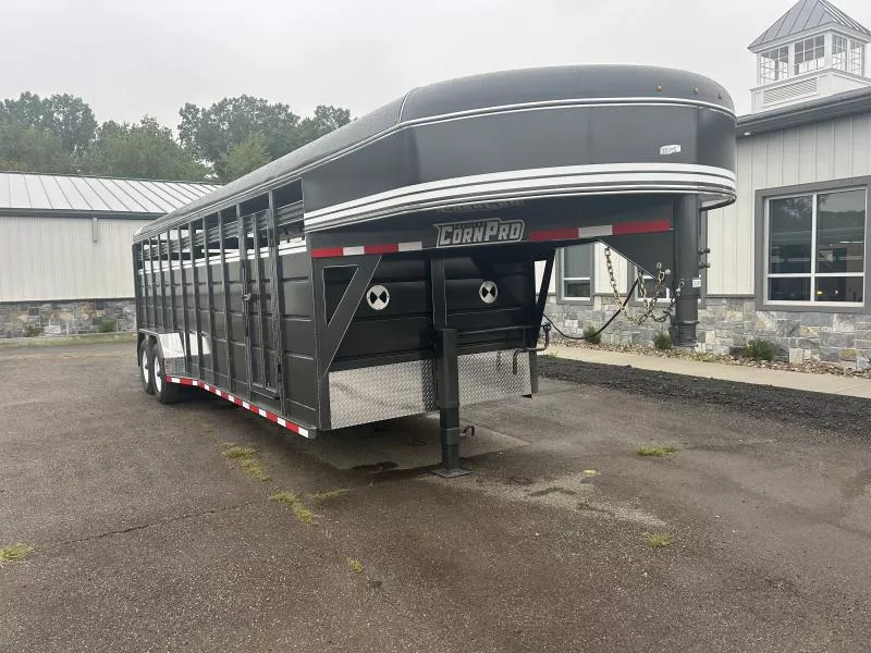 2025 Corn Pro 24' Gooseneck Livestock Trailer 14000# GVW * GREY/CHARCOAL * TORSION SUSPENSION * DEXTER AXLES * HD FENDERS * SLIDING CENTER GATE * CENTER AND REAR SLAM GATES * URETHANE PAINT * KILN DRIED LUMBER