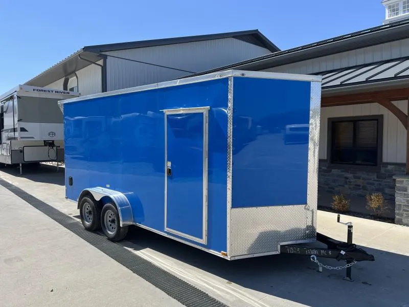 2026 Quality 7x16' Tandem Axle Enclosed Cargo Trailer 7000# GVW * 7' HEIGHT * REAR SPOILER * BLUE .080 POLYCOR EXTERIOR * SEMI-SCREWLESS * RAMP DOOR * PLYWOOD WALLS & FLOORS * TUBE WALL AND CEILING STUDS * LED LIGHTS * 16" O.C. WALL AND FLOORS * RV DOOR