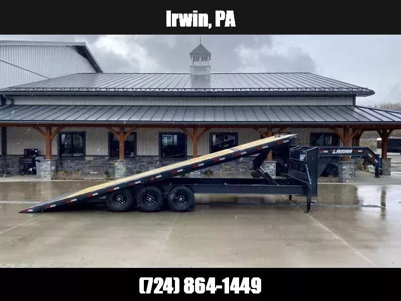 2026 Lamar 102x26' Gooseneck Deckover Power Tilt Trailer 21000# GVW * TRIPLE 7000# AXLES * SCISSOR HOIST UPGRADE * SPARE TIRE * FRONT TOOLBOX * CHARCOAL POWDERCOAT * 10" I-BEAM FRAME+NECK * 6" CHANNEL BED RUNNER * WINCH PLATE * DUAL JACKS