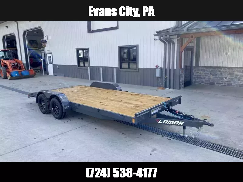 2025 Lamar 7x16 7000# Wood Deck Car Hauler Trailer * CHARCOAL * REMOVABLE FENDERS * EXTRA STAKE POCKETS * 5" CHANNEL FRAME * COLD WEATHER HARNESS * REAR RAMPS  1750184077