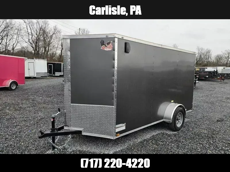 2026 Quality Cargo 6x10 Single Axle Enclosed Cargo Trailer 2990# GVW * CHARCOAL .080 POLYCOR EXTERIOR * 6'9 CEILING HEIGHT * SEMI-SCREWLESS * PLYWOOD WALLS AND FLOOR * RV DOOR * 16" O.C. * TUBE STUDS * RAMP DOOR * V-NOSE 1776216033