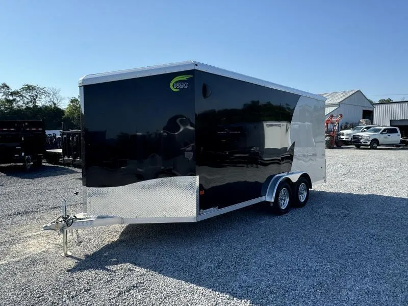 2026 NEO Trailers 7.5x16' NAMR Aluminum Enclosed Powersports Trailer * BLACK+SILVER * TORSION SUSPENSION * VINYL WALLS * 7' HEIGHT - UTV PKG * ALUMINUM WHEELS * TIE DOWN SYSTEM * NXP RAMP DOOR