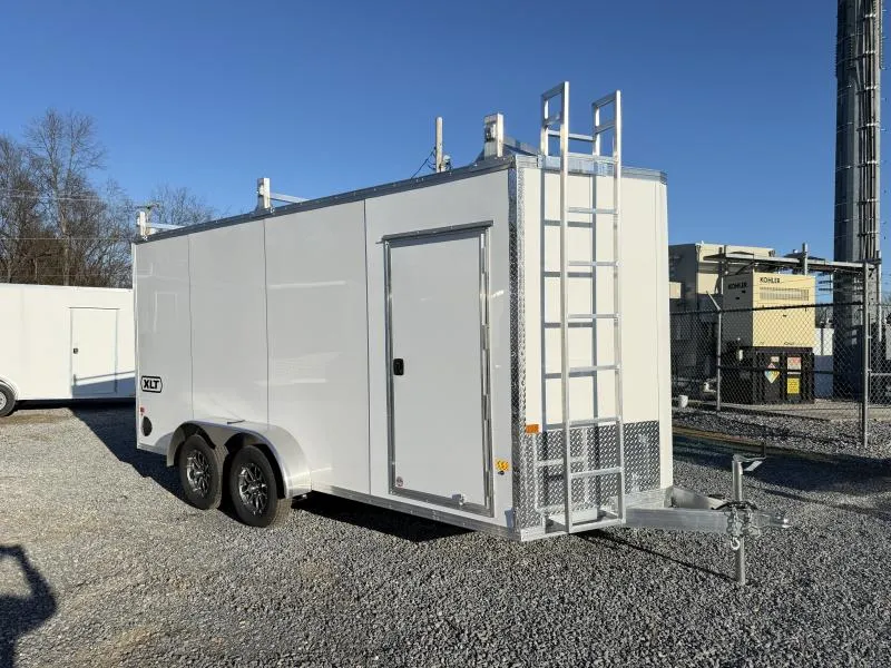 2026 E-Z Hauler 7x16' Contractor Package Aluminum Enclosed Cargo Trailer 7000# GVW * +6" HEIGHT/7' INTERIOR * WHITE .080 POLYCOR SCREWLESS EXTERIOR * 3 HEAVY DUTY LADDER RACKS * FRONT LADDER * ALUMINUM WHEELS * 1 PC ROOF * RAMP DOOR
