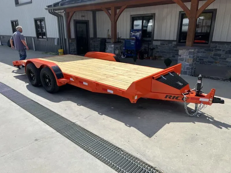 2026 Rice 7x20' Car Hauler Trailer 9990# GVW * ORANGE * LED'S * POWDERCOATED * 5" TONGUE AND FRAME * TREADPLATE BEAVERTAIL * DROP LEG JACK * ADJUSTABLE COUPLER