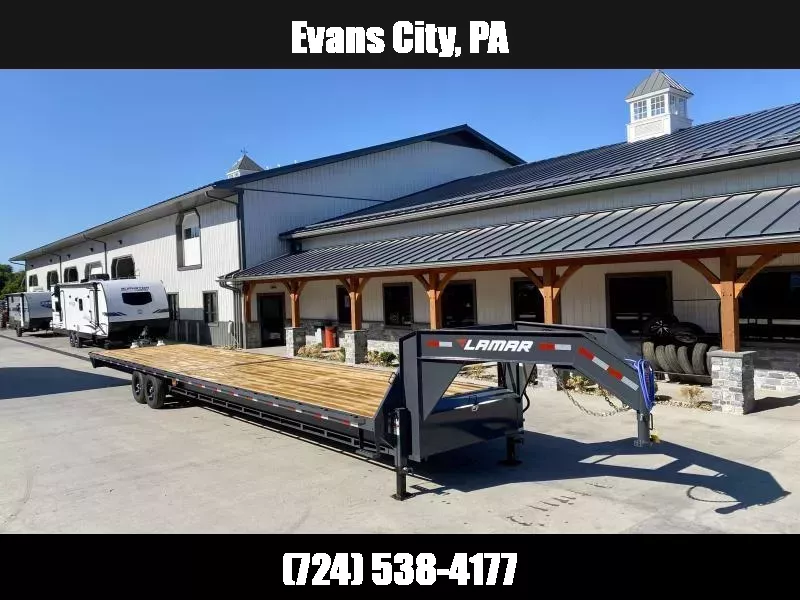 2025 Lamar 102x40' Gooseneck Deckover Trailer 14000# GVW * 12" I BEAM * 8' SLIDE OUT RAMPS * FRONT TOOLBOX * DUAL JACKS * RUBRAIL/STAKE POCKETS/PIPE SPOOLS * SPARE TIRE * CHARCOAL 1752020277