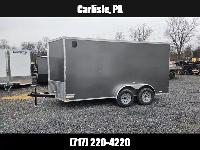 2025 Quality 7x14' Tandem Axle Enclosed Cargo Trailer 7000# GVW * 6'6" HEIGHT * CHARCOAL .080 POLYCOR EXTERIOR * SEMI-SCREWLESS * RAMP DOOR * PLYWOOD WALLS & FLOORS * TUBE WALL AND CEILING STUDS * LED LIGHTS * 16" O.C. WALL AND FLOORS * RV DOOR * V-NOSE