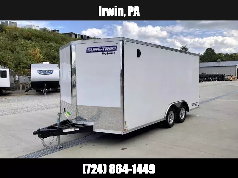 2026 Sure-Trac 8.5x16' Enclosed Car Hauler Trailer 9900# GVW * WHITE EXTERIOR * V-NOSE * BARN DOORS * 5200# TORSION AXLES * .030 SCREWLESS EXTERIOR * 16" O.C. C/M * TUBE STUDS * RV DOOR * SET BACK JACK * UNDERCOATED * BULLET LED'S * BACK UP LIGHTS 1763763528