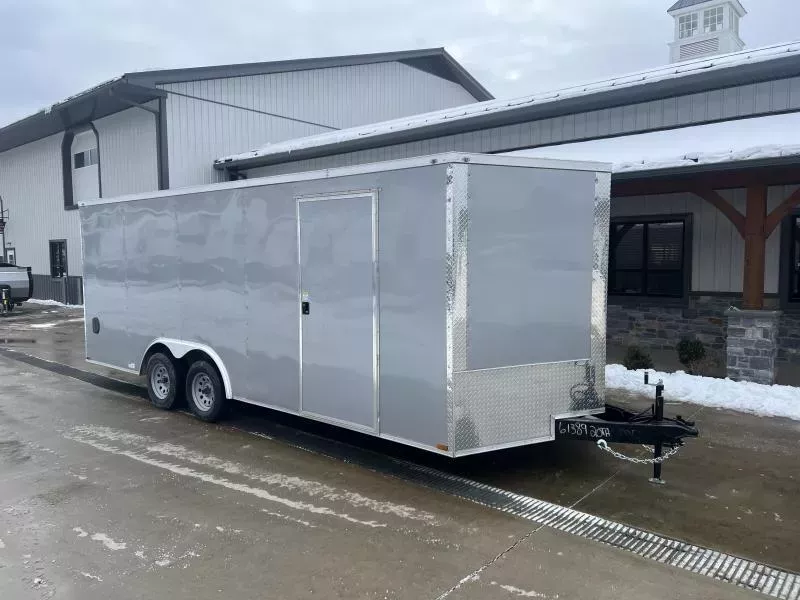 2026 Quality 8.5x24' Enclosed Car Hauler Trailer 9990# GVW * SILVER .080 POLYCOR EXTERIOR * 7' HEIGHT * SEMI-SCREWLESS * HD RAMP DOOR * PLYWOOD WALLS & FLOORS * TUBE WALL AND CEILING STUDS * LED LIGHTS * 16" O.C. WALL AND FLOORS * RV DOOR * V-NOSE
