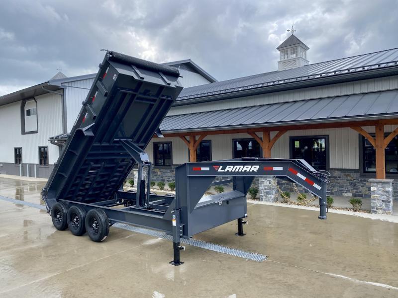 2025 Lamar 7x16' Gooseneck Dump Trailer 21000# GVW * DUAL JACKS * FULL TOOLBOX * REAR JACKSTANDS * 7GA FLOOR * TRIPLE AXLE * TARP KIT * OVERSIZE 6X21.5" SCISSOR HOIST * CHARCOAL * RIGID RAILS * NESTLED I-BEAM FRAME 28" H * 12" O.C. C/M 