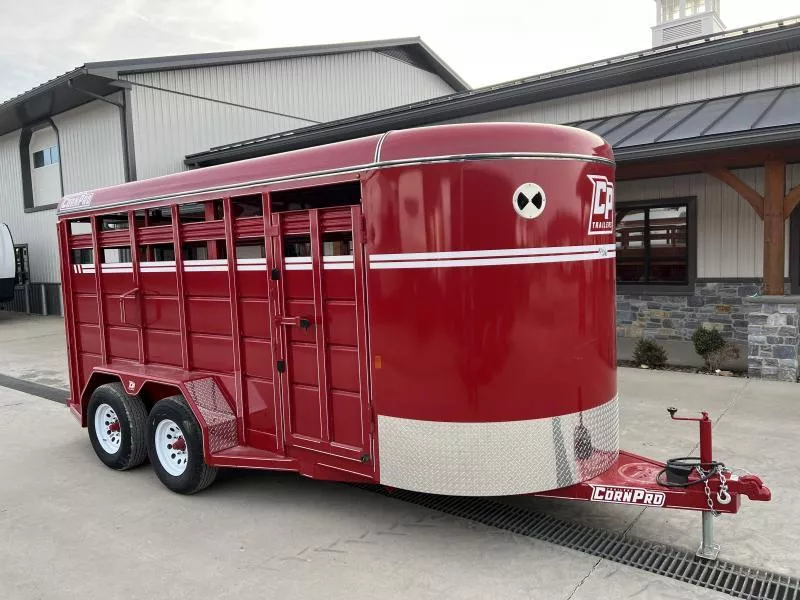 2025 Corn Pro 16' Livestock Trailer 7000# GVW * RED * TORSION SUSPENSION * DEXTER AXLES * 225/75/R15 8-PLY TIRES * HD FENDERS * CENTER AND REAR SLAM GATES * 4" CHANNEL TONGUE * URETHANE PAINT * KILN DRIED LUMBER