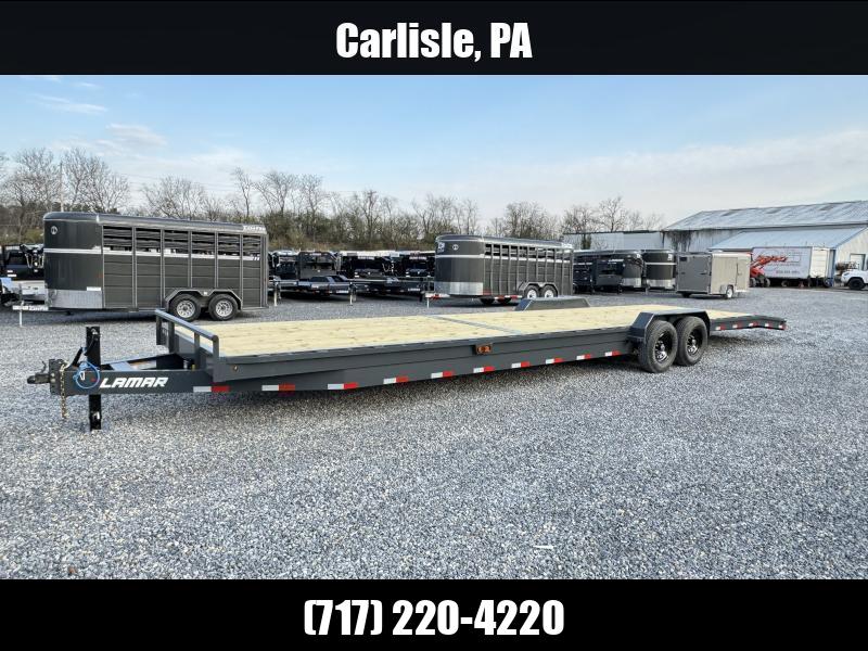2026 Lamar 7x28' 2-Car Hauler Trailer 14000# GVW * OVERLENGTH 7' SLIDE IN RAMPS * 4' DOVETAIL * RUBRAIL * SWIVEL JACKS * UNDER FRAME BRIDGE * 12K JACK * CHARCOAL W/ BLACK WHEELS * IDEAL 2-CAR OR 3-BUGGY HAULER 1759349915