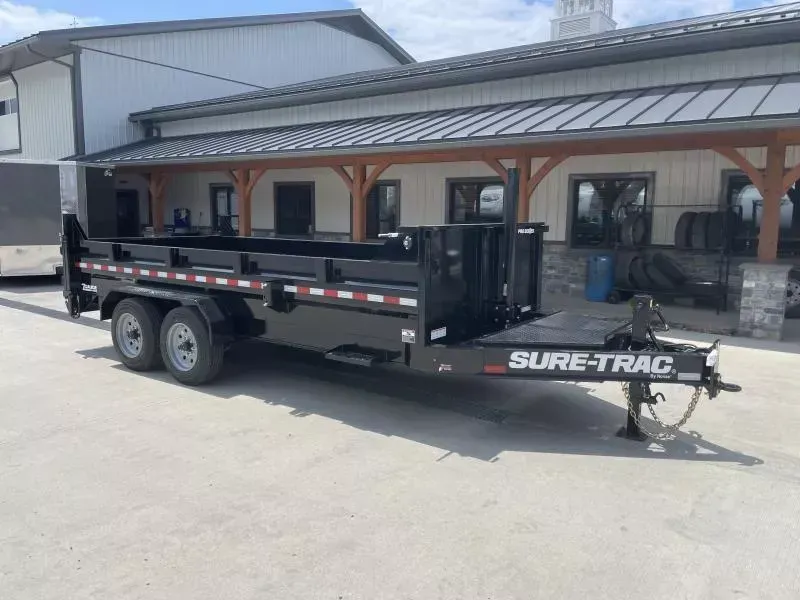 2026 Sure-Trac 7x16' Pro Series I-Beam Dump Trailer 17600# GVW * 15K HYDRAULIC JACK * 8000# AXLES * 17.5" RUBBER * TELESCOPIC HOIST * FRONT/REAR BULKHEAD * OVERSIZE TOOLBOX * INTEGRATED KEYWAY * HD 4-BOLT COUPLER * 110V CHARGER * UNDERMOUNT RAMPS