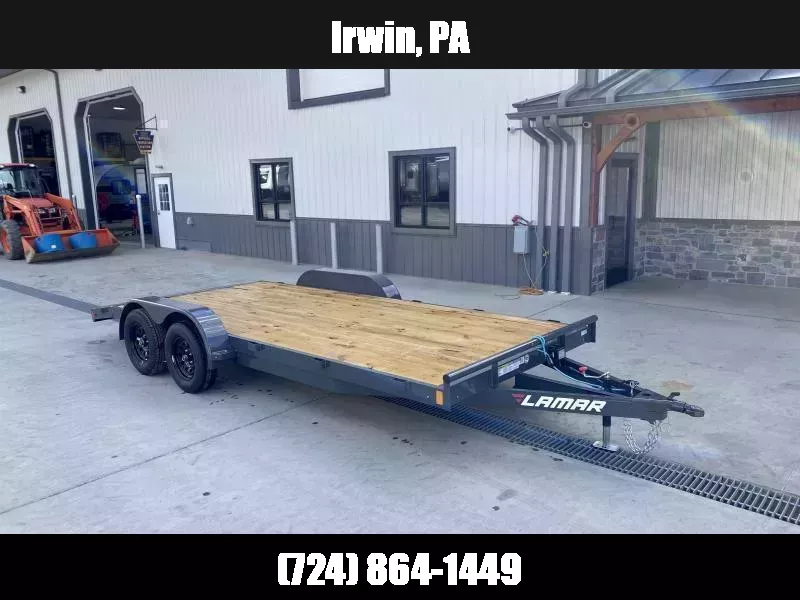 2026 Lamar 7x18 7000# Wood Deck Car Hauler Trailer * CHARCOAL * REMOVABLE FENDERS * EXTRA STAKE POCKETS * 5" CHANNEL FRAME * COLD WEATHER HARNESS * REAR RAMPS  1761235659
