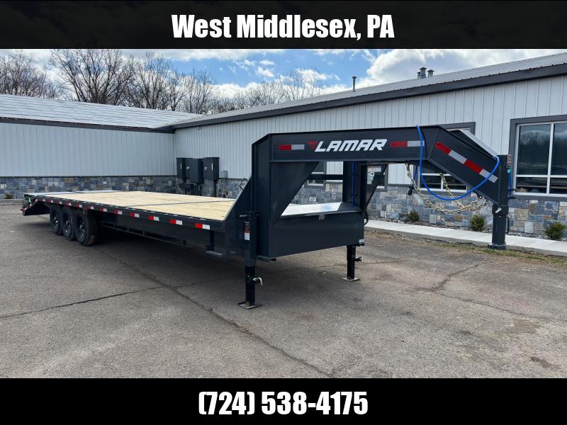 2025 Lamar 102x30' Pintle Beavertail Deckover Trailer 21000# GVW * FULL WIDTH (STAND UP OR FLIPOVER) RAMPS * 12" I-BEAM FRAME * FRONT TOOLBOX * DUAL JACKS * CHARCOAL * 16" O.C. C/M * RUBRAIL/STAKE POCKETS/PIPE SPOOLS 1750184129