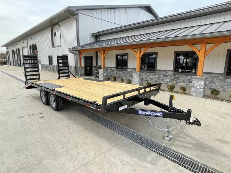 2026 Sure-Trac 102x18 Beavertail Deckover Trailer 9900# GVW * STAND UP RAMPS + SPRING ASSIST * TUBE SIDE RAIL + CROSSMEMBERS * RUBRAIL/STAKE POCKETS/D-RINGS * SPARE MOUNT * ADJUSTABLE COUPLER * DROP LEG JACK