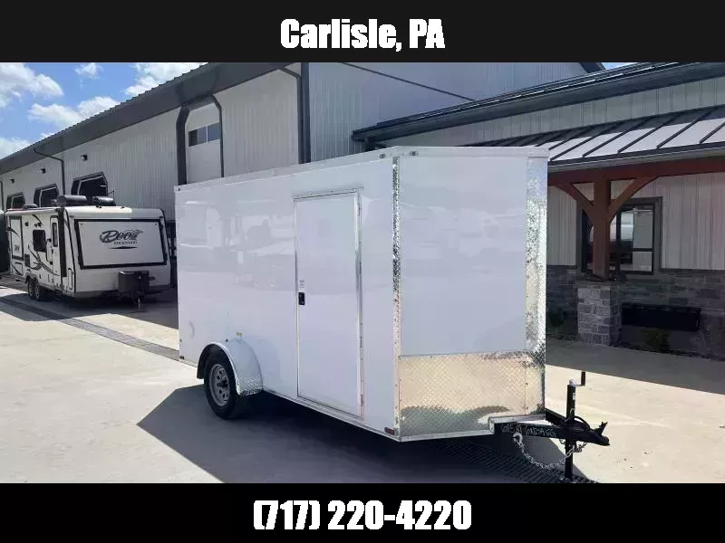 2025 Quality Cargo 6x12 Single Axle Enclosed Cargo Trailer 2990# GVW * 6'3 CEILING HEIGHT * WHITE EXTERIOR * PLYWOOD WALLS AND FLOOR * RV DOOR * 16" O.C. * TUBE STUDS * RAMP DOOR * V-NOSE 1757607282