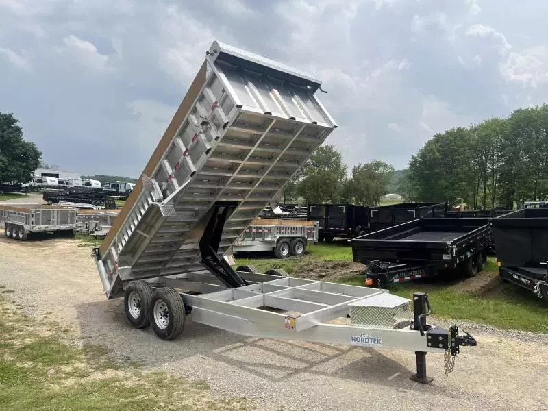 2025 Nordtek 7x14' Aluminum High Side Dump Trailer 14000# GVW * 4' SIDES * 7GA FLOOR * SCISSOR LIFT * ALUMINUM TOOLBOX & WHEELS * 12K DROP LEG JACK * 8" TONGUE * RAMPS INCLUDED * DELUXE TARP KIT * 12" O.C. CROSSMEMBERS