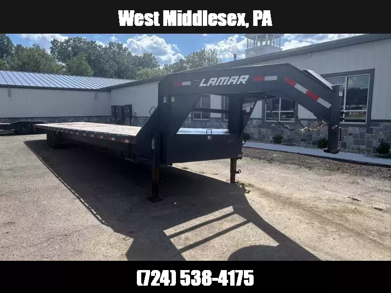 USED Lamar 102x40' Gooseneck Deckover Trailer 14000# GVW * 12" I BEAM * 8' SLIDE OUT RAMPS * FRONT TOOLBOX * DUAL JACKS * RUBRAIL/STAKE POCKETS/PIPE SPOOLS * SPARE TIRE * CHARCOAL 1760538067