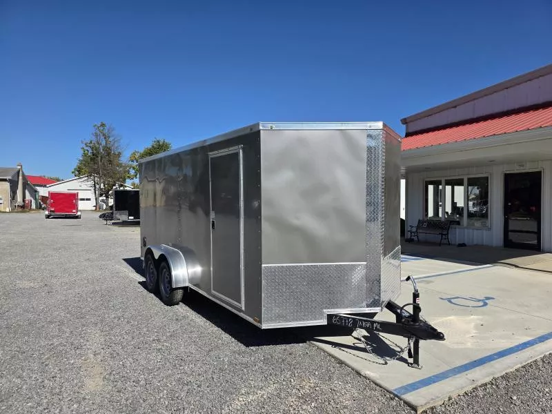 2025 Quality 7x16' Tandem Axle Enclosed Cargo Trailer 7000# GVW * SILVER EXTERIOR * RAMP DOOR * PLYWOOD WALLS & FLOORS * TUBE WALL AND CEILING STUDS * LED LIGHTS * 16" O.C. WALL AND FLOORS * RV DOOR * V-NOSE