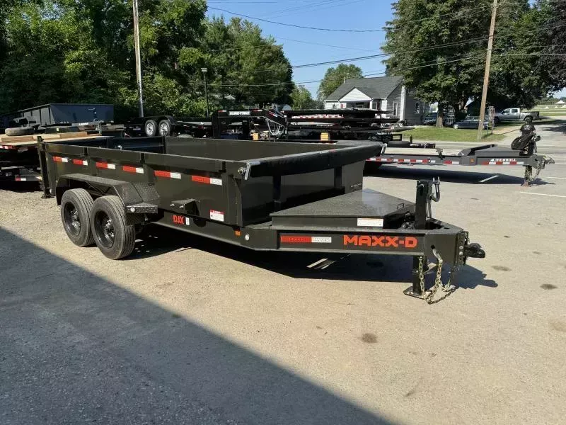 2026 MAXXD 7x14' DJX Dump Trailer 17500# GVW * DEXTER 8000# AXLES * OVERSIZE 6X20 SCISSOR * 8"/15# I-BEAM FRAME * 10GA WALLS & 7 GA FLOOR * 12" O.C. CROSSMEMBERS * WIRELESS REMOTE * COMBO GATE * METALLIC GREY * HD TOP RAIL * DELUXE TARP * REAR JACKSTANDS