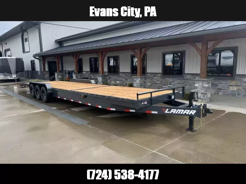 2026 Lamar 7x36' 2-Car Hauler Trailer 21000# GVW * TRIPLE AXLE * OVERLENGTH 7' SLIDE IN RAMPS * 4' DOVETAIL * RUBRAIL * SWIVEL JACKS * UNDER FRAME BRIDGE * 12K JACK * CHARCOAL W/ BLACK WHEELS