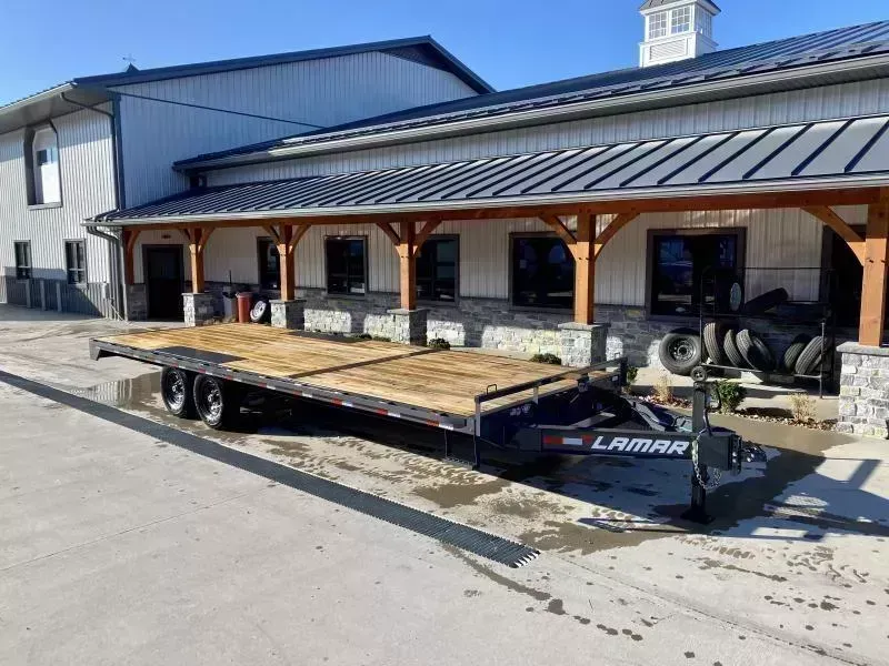 2026 Lamar 102x24' Flatbed Deckover Trailer 14000# GVW * 8' SLIDE IN RAMPS * CHARCOAL * TOOL TRAY * HD CAST COUPLER * I-BEAM FRAME * 16" O.C. C/M * RUBRAIL/STAKE POCKETS/PIPE SPOOLS * CHANNEL SIDE RAIL * 12K JACK