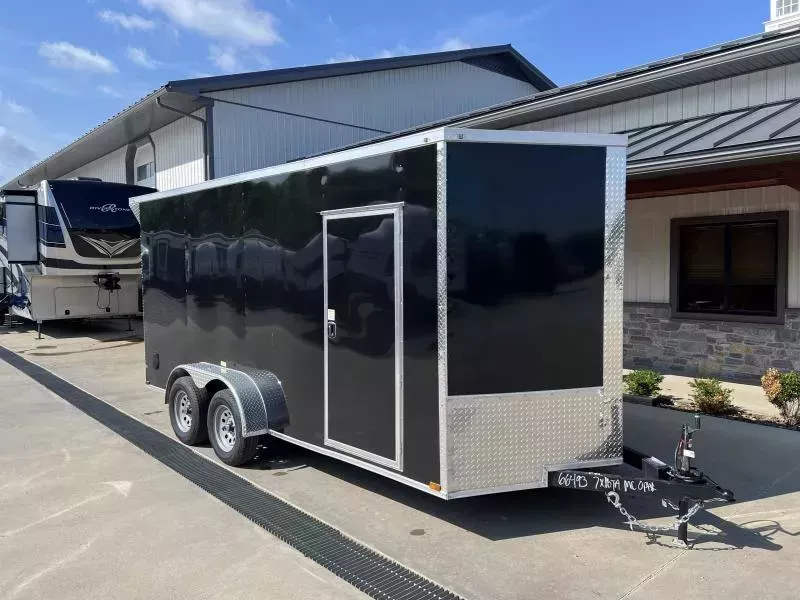 2026 Quality 7x16' Tandem Axle Enclosed Cargo Trailer 7000# GVW * CHARCOAL .080 POLYCOR EXTERIOR * 4 D-RINGS * REAR SPOILER/LOAD LIGHTS * RAMP DOOR * PLYWOOD WALLS & FLOORS * TUBE WALL AND CEILING STUDS * 16" O.C. WALL AND FLOORS * RV DOOR * V-NOSE
