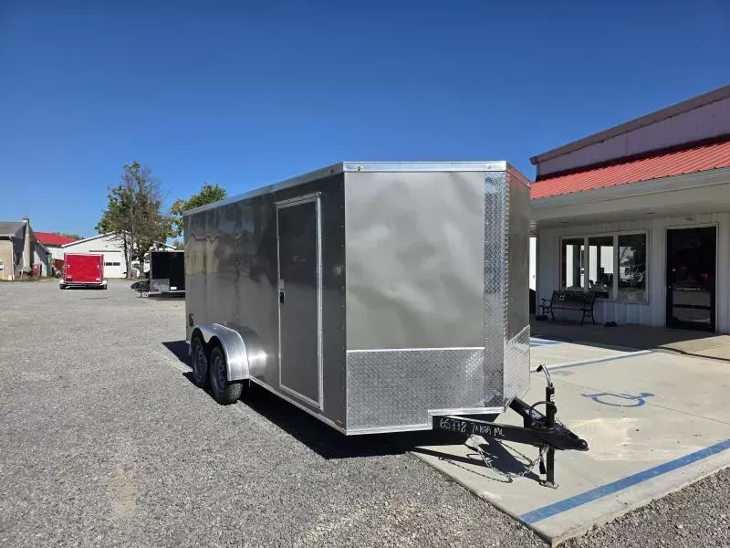 2026 Quality 7x16' Tandem Axle Enclosed Cargo Trailer 7000# GVW * PEWTER .080 POLYCOR EXTERIOR * RAMP DOOR * PLYWOOD WALLS & FLOORS * TUBE WALL & CEILING STUDS * LED LIGHTS * 16" O.C. WALL & FLOORS * RV DOOR * V-NOSE