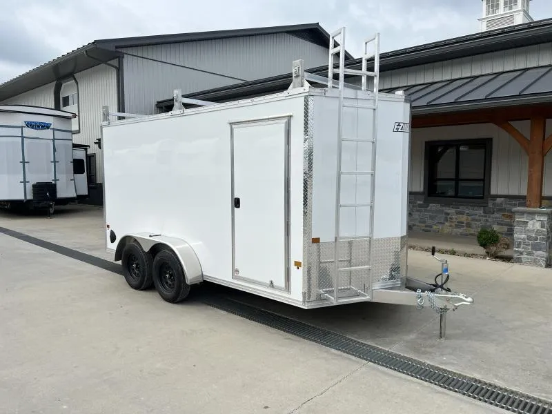 2026 E-Z Hauler 7x16' Contractor Package Aluminum Enclosed Cargo Trailer 7000# GVW * +6" HEIGHT/7' INTERIOR * BLACK .080 POLYCOR SCREWLESS EXTERIOR * 3 HEAVY DUTY LADDER RACKS * FRONT LADDER * ALUMINUM WHEELS * 1 PC ROOF * RAMP DOOR