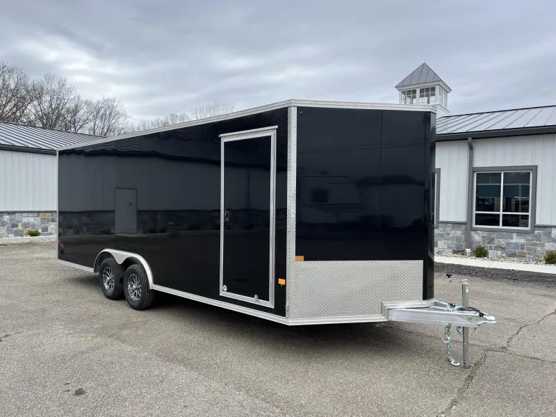2026 E-Z Hauler 8.5x20' Aluminum Enclosed Car Hauler 7000# GVW * SILVER .080 POLYCOR EXTERIOR * FULL ESCAPE DOOR * VINYL WALLS * ALUMINUM WHEELS * ALUMINUM FRAME * 16" O/C * SCREWLESS * ONE PC ROOF * 4 D-RINGS * BEAVERTAIL