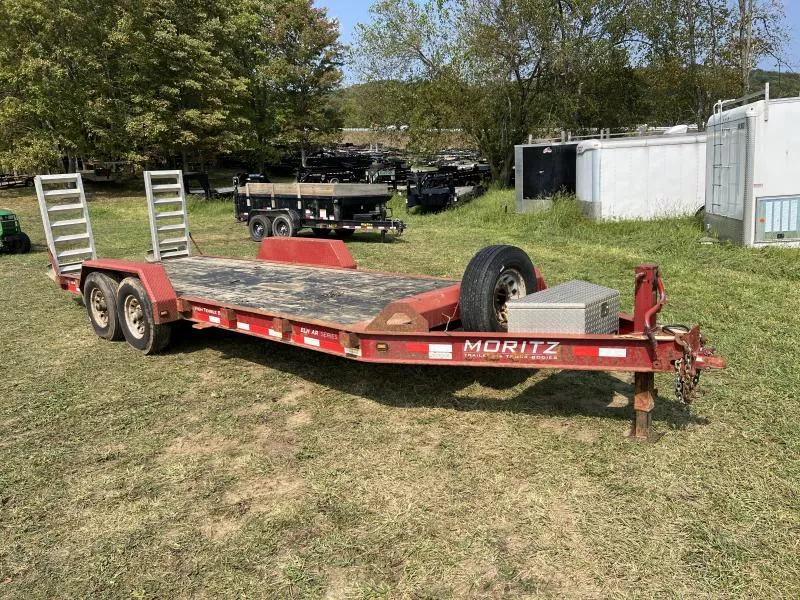 USED Moritz International 7X20 14,000 GVW Equipment Trailer * STAND UP RAMPS * I-BEAM FRAME * TOOLBOX * SPARE TIRE MOUNGT & SPARE TIRE * STAKE POCKETS * 