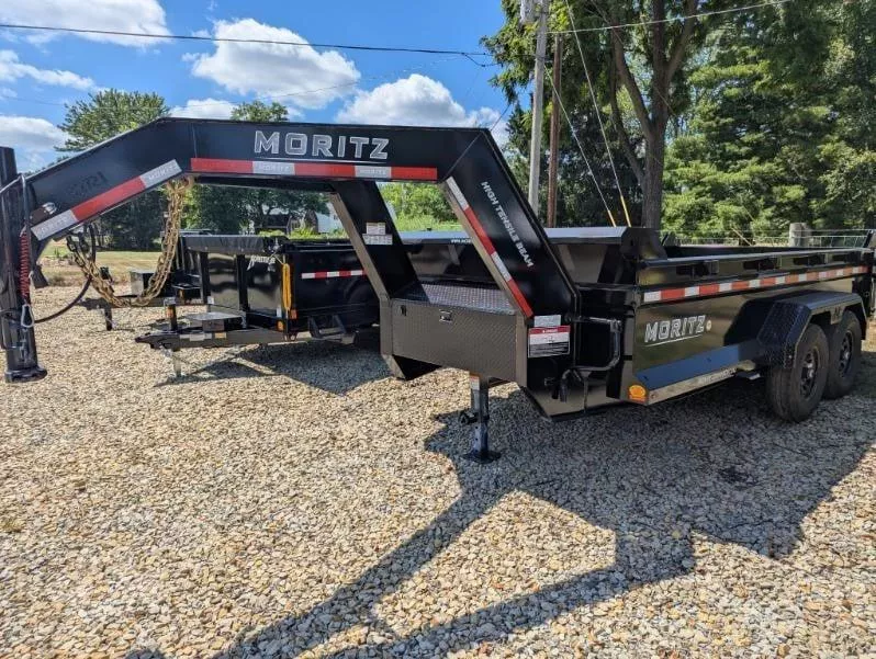 2026 Moritz 7x14' Gooseneck Low Profile Dump Trailer 16000# GVW * 8000# DEXTER AXLES * TORSION SUSPENSION * WET COAT PAINT * 24" SIDES * 8" I-BEAM FRAME * ALUMINUM RAMPS * COMBO GATE * KEYWAY IN SIDES