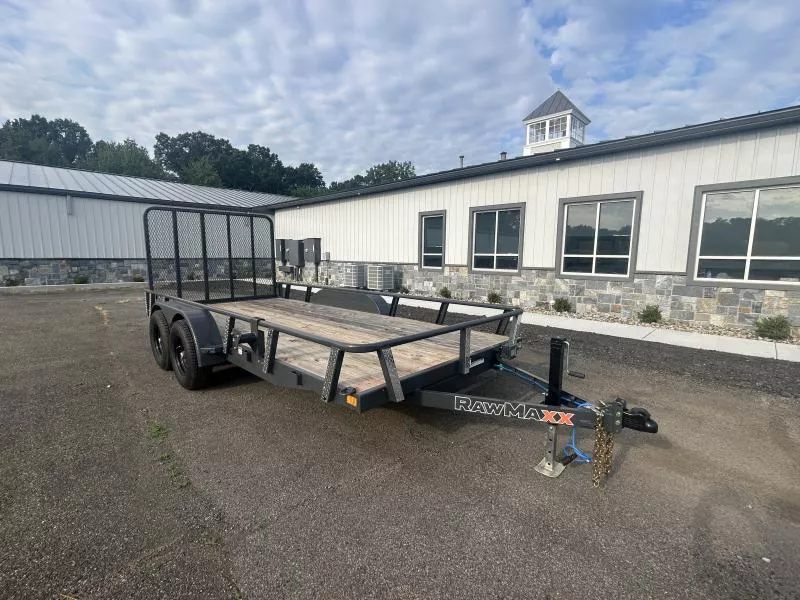 2025 RawMaxx 7x16' HD Tandem Axle Utility Landscape Trailer 9990# GVW * 5' GATE UPGRADE * CHANNEL TONGUE & FRAME * 16" O.C. 3" CHANNEL CROSSMEMBERS * DEXTER AXLES * ADJUSTABLE COUPLER * DROP LEG JACK * PIPE TOP RAIL * 4 D-RINGS * SLIPPER SPRINGS