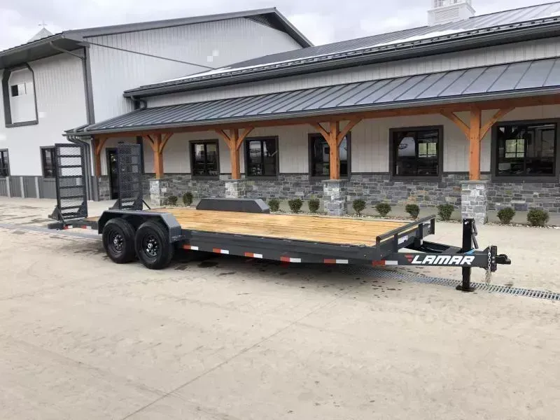 2026 Lamar 7x20' Equipment Trailer 14000# GVW * DELUXE OVERWIDTH RAMPS W/ HEAVY MESH * CHARCOAL POWDERCOAT * RUBRAIL/STAKE POCKETS/PIPE SPOOLS/D-RINGS * REM FENDERS * 12K JACK * CAST COUPLER * SPRING ASSIST * COLD WEATHER HARNESS