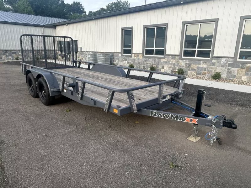 2025 RawMaxx 77x16' Tandem Axle Utility Landscape Trailer 7000# GVW * 4" CHANNEL TONGUE & FRAME * 16" O.C. 3" CHANNEL CROSSMEMBERS * DEXTER AXLES * ADJUSTABLE COUPLER * DROP LEG JACK * PIPE TOP RAIL * 4 D-RINGS * 8-PLY TIRES