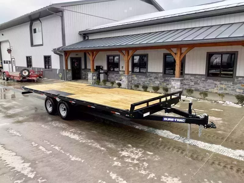 2026 Sure-Trac 102x20 Flatbed Deckover Trailer 9900# GVW * 8' SLIDE IN PUNCH PLATE RAMPS * TUBE SIDE RAIL + CROSSMEMBERS * RUBRAIL/STAKE POCKETS/D-RINGS * SPARE MOUNT * ADJUSTABLE COUPLER * DROP LEG JACK