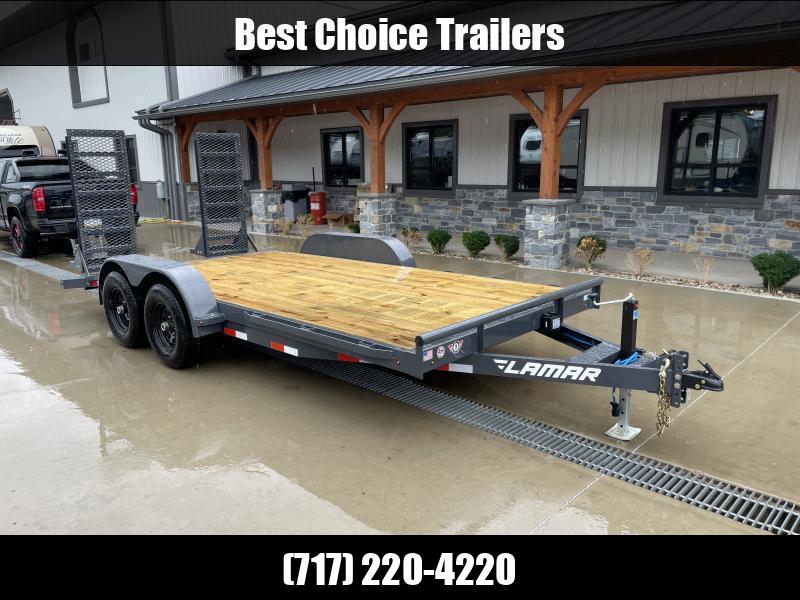 2024 Lamar 7x18' Equipment Trailer 9990# GVW * DELUXE OVERWIDTH RAMPS W/ HEAVY MESH * CHARCOAL POWDERCOAT * RUBRAIL/STAKE POCKETS * REMOVABLE FENDERS * 7K JACK * ADJUSTABLE CAST COUPLER * SPRING ASSIST RAMPS * COLD WEATHER HARNESS * DIAMOND PLATE DOVETAIL