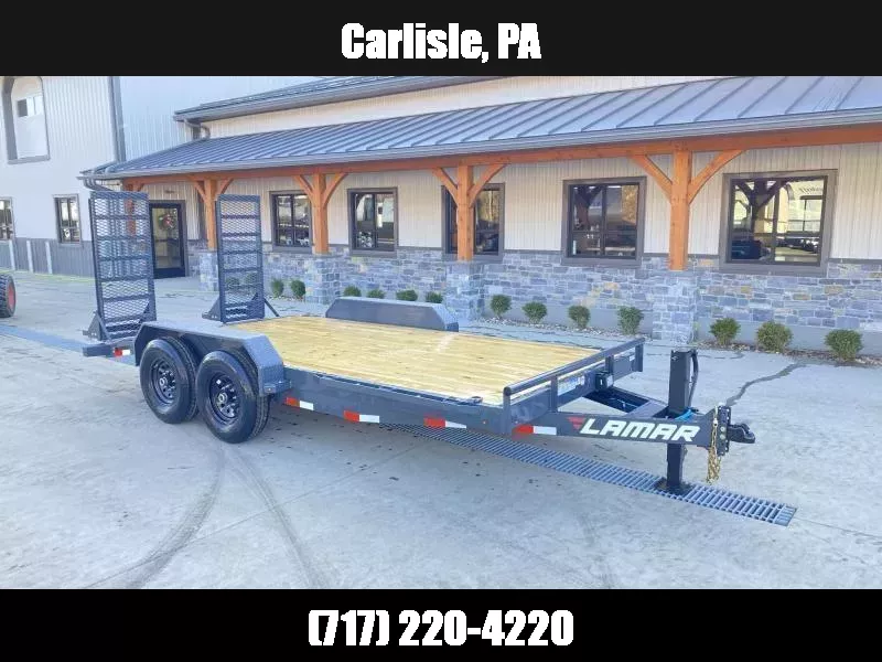 2025 Lamar 7x18' Equipment Trailer 14000# GVW * DELUXE OVERWIDTH RAMPS W/ HEAVY MESH * CHARCOAL POWDERCOAT * RUBRAIL/STAKE POCKETS/PIPE SPOOLS/D-RINGS * REM FENDERS * 12K JACK * CAST COUPLER * SPRING ASSIST * COLD WEATHER HARNESS 1750183939
