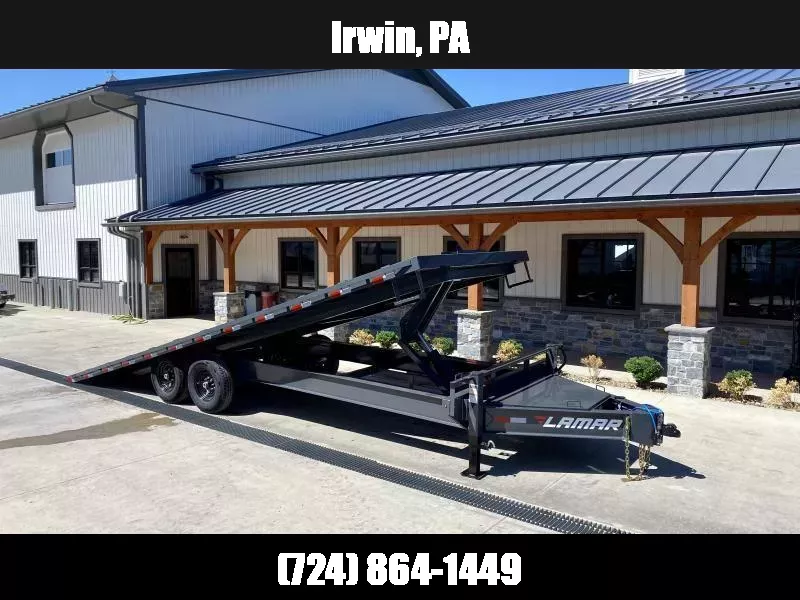 2026 Lamar 102x24' Deckover Power Tilt Trailer 14000# GVW * SCISSOR HOIST UPGRADE * SPARE TIRE * LARGE FRONT TOOLBOX * CHARCOAL POWDERCOAT * 10" I-BEAM FRAME+NECK * 6" CHANNEL BED RUNNER * WINCH PLATE * DUAL JACKS