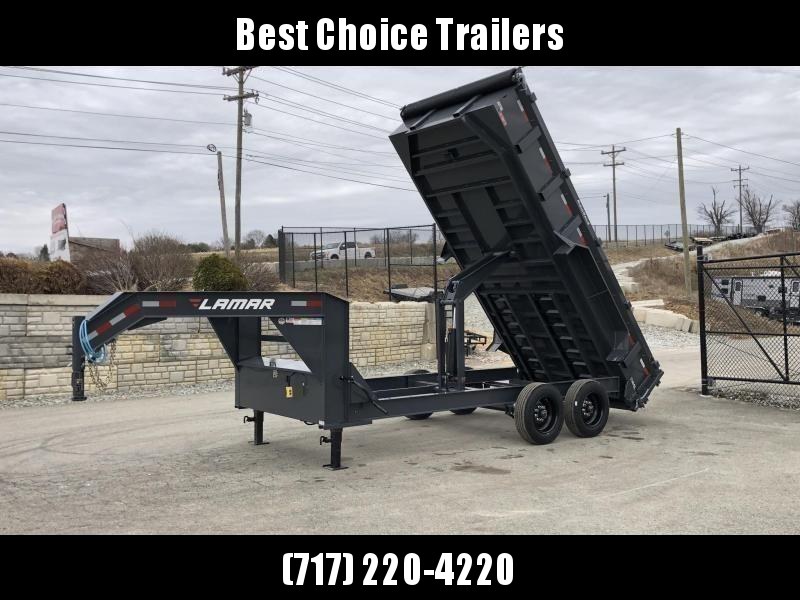 2021 Lamar 7x16' Gooseneck Dump Trailer 16000# GVW * 8000# AXLE UPGRADE * 17.5 RUBBER * OVERSIZE 6x21.5 SCISSOR * 7 GAUGE FLOOR * RIGID RAILS * DELUXE TARP * COMBO GATE * I-BEAM FRAME 2021 Lamar 7x16' Gooseneck Dump Trailer 16000# GVW * 8000# AXLE UPGRADE * 17.5 RUBBER * OVERSIZE 6x21.5 SCISSOR * 7 GAUGE FLOOR * RIGID RAILS * DELUXE TARP * COMBO GATE * I-BEAM FRAME
