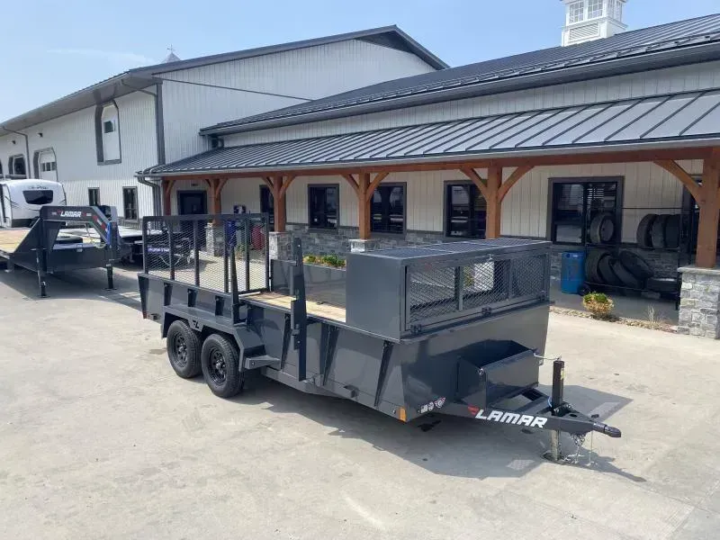 2026 Lamar 7x16' High Side Utility Landscape Trailer 7000# GVW * 24" SOLID METAL SIDES * FRONT LANDSCAPE BOX * LOCKABLE FUEL CAN * TRIMMER RACKS * 7K DROP LEG JACK * CHARCOAL * HD GATE/2X2" TUBE C/M + SPRING ASSIST * 4" CHANNEL TONGUE/FRAME