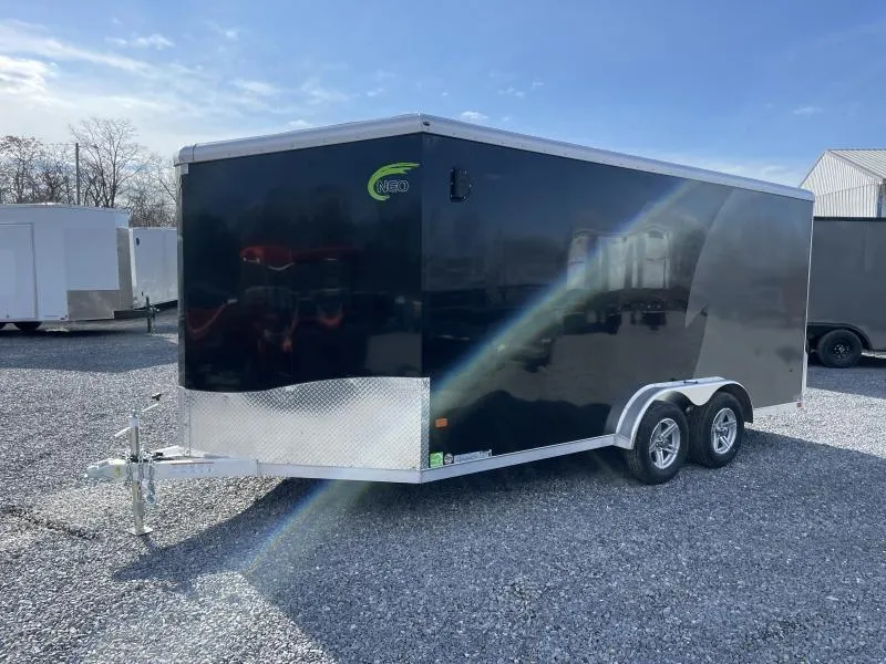 2026 Neo 7.5x16' NAMR Aluminum Enclosed Powersports Trailer 7000# GVW * PEWTER/BLUE * DRT SPOILER * NUDO FLOOR/SKUFF/RAMP * VINYL WALLS & CEILING * +18" HEIGHT-UTV PACKAGE * MATTE BLACK+WHITE 2-TONE * TORSION * CLOSET CABINET * CABLELESS RAMP