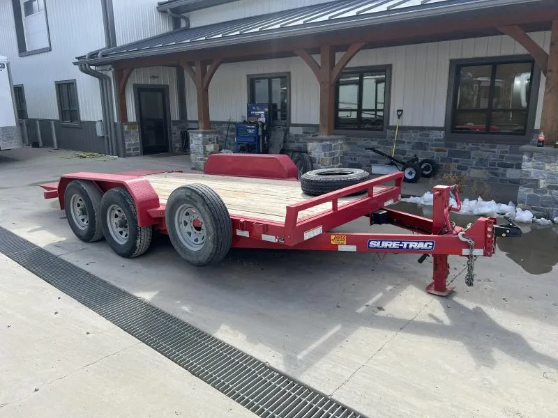 USED 2024 Sure-Trac 7x16 14,000 GVW FULL TILT CAR HAULER * RED EXTERIOR * SPARE TIRE & MOUNT * ADJUSTABLE COUPLER * 