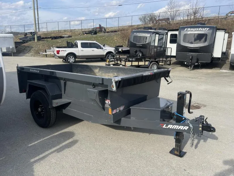 USED 2024 Lamar 5x10' Single Axle Dump Trailer 7000# GVW * BARN DOOR GATE * DELUXE TARP * UNDERMOUNT RAMPS * ADJUSTABLE COUPLER * DROP LEG JACK * RIGID RAILS * 110V CHARGER * 5" CHANNEL FRAME * 10GA FLOOR * POWER UP/DOWN * 16" TIRES * 7K AXLES