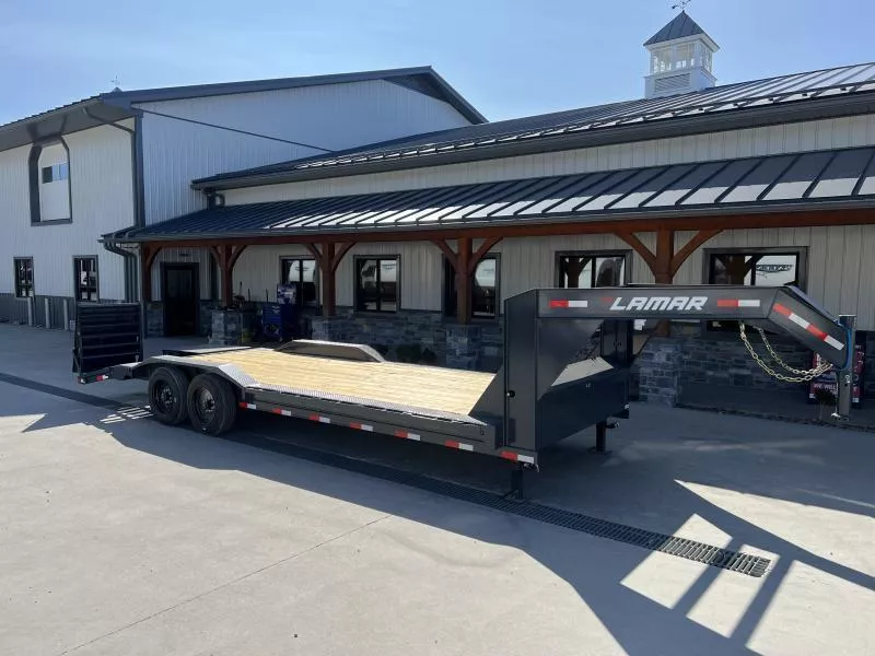 2026 Lamar 102x28' Gooseneck Equipment Trailer 14000# GVW * WINCH PLATE IN NECK * 102" DECK * DRIVE OVER FENDERS * FULL WIDTH RAMPS * RUBRAIL * UNDER FRAME BRIDGE * DUAL JACKS * FULL TOOLBOX * CHARCOAL W/ BLACK WHEELS