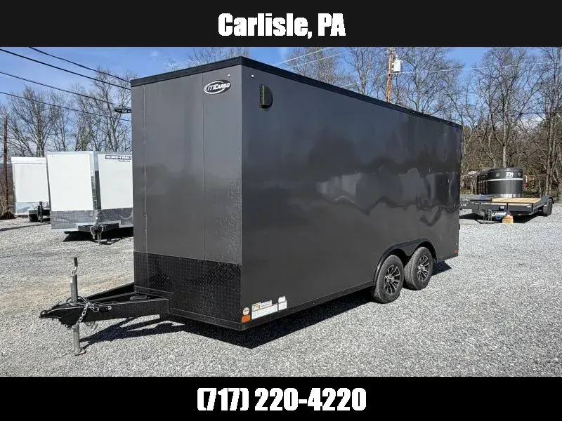 2026 ITI Cargo 8.5x16 Enclosed Car Hauler Trailer 7000# GVW * ALUMINUM WHEELS * CHARCOAL BLACKOUT EXTERIOR * SCREWLESS EXTERIOR * 7' HEIGHT * 1 PC ALUMINUM ROOF * TRUCKBED LINER ON TONGUE/SILLS * UNDERCOATED * TRIPLE TUBE TONGUE 1775923084